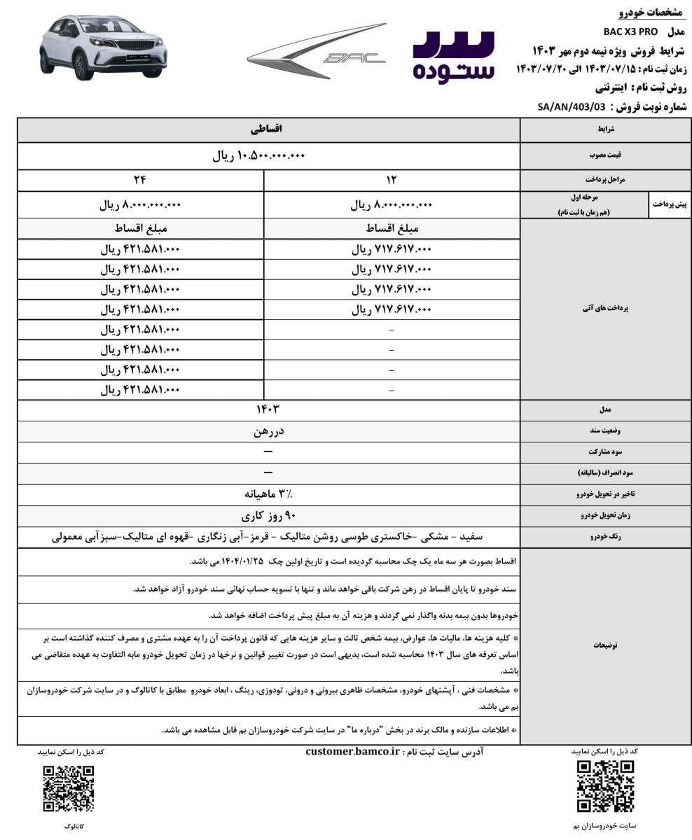 شرایط فروش اقساطی BAC X3 PROوِیژه مهر ماه ۱۴۰۳